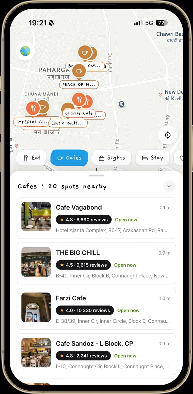 JIGU showing a Delhi map with cafe pins, category chips for eat, cafes, sights and stay, and a list of nearby spots with ratings and distances.